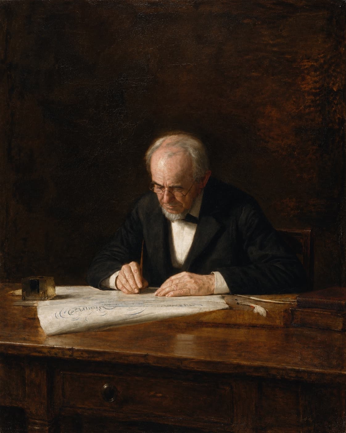A painting of a man at a desk, writing by hand.