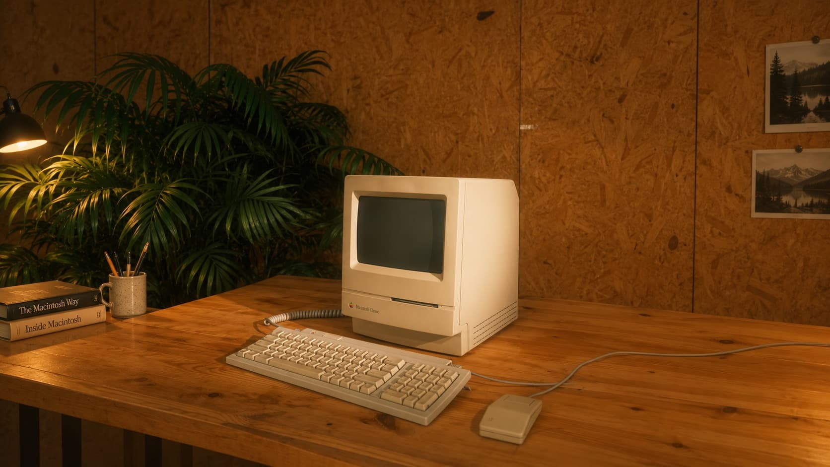 An early Macintosh, keyboard and mouse on a wooden desk.