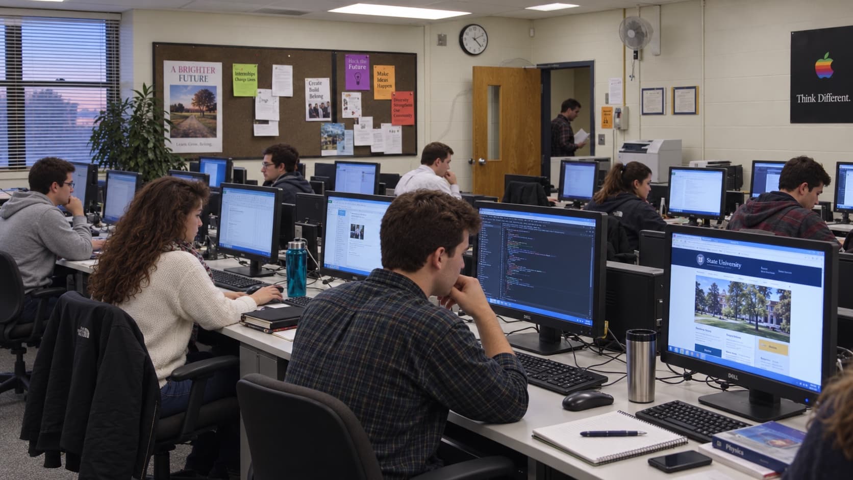 A computer lab, rows of people working at flat screens.