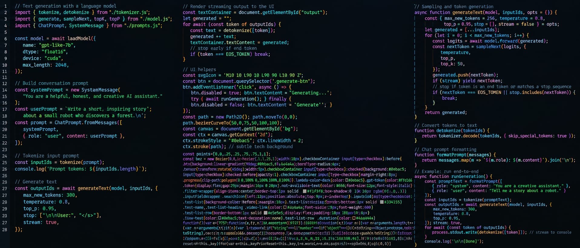 Screens of code for generating text with a language model.