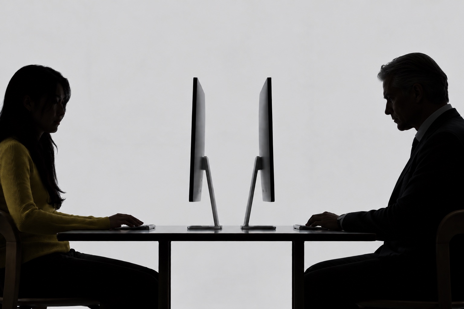 Two people in silhouette, working at monitors placed back to back across one desk.