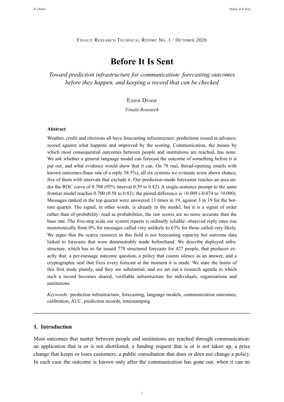 First page of Before It Is Sent, Finalit Technical Report No. 1